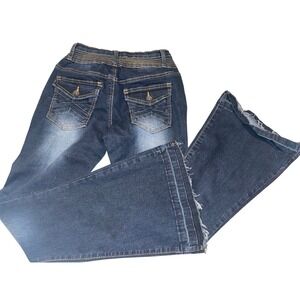 True Luck Dark Wash High Rise Flare Jeans Raw Hem Size 5/6 Stretch Denim